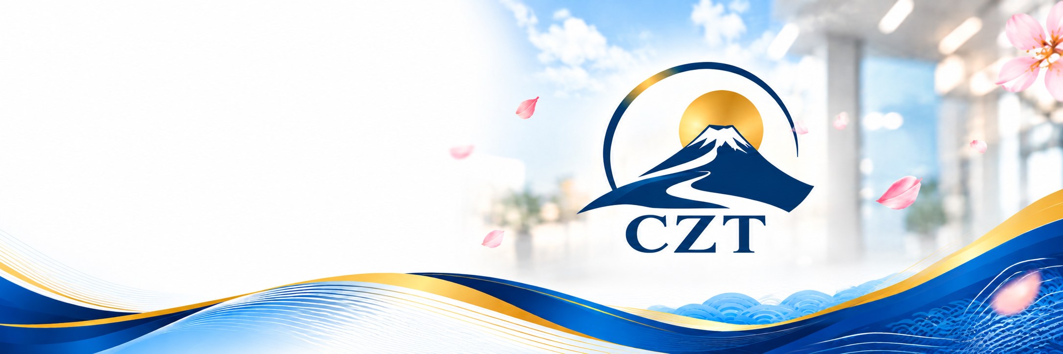 Logo CZT với núi Phú Sĩ và mặt trời vàng trên nền trời xanh, hoa anh đào