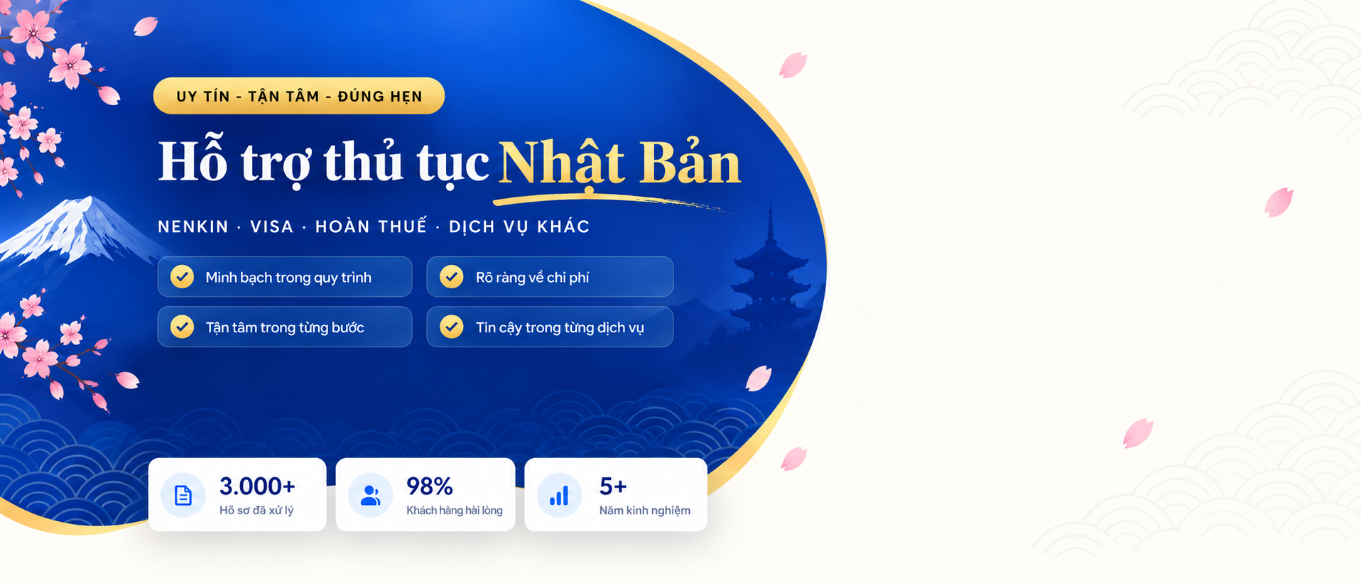 Hỗ trợ thủ tục Nhật Bản: Nenkin, Visa, Hoàn thuế, Dịch vụ khác. 3,000+ hồ sơ đã xử lý, 98% khách hàng hài lòng, 5+ năm kinh nghiệm.
